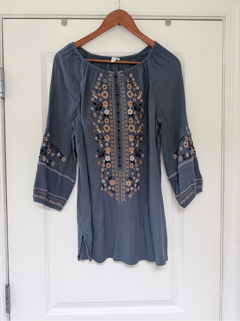 J. Jill Slate Blue Embroidered Floral Peasant Tunic Top | S